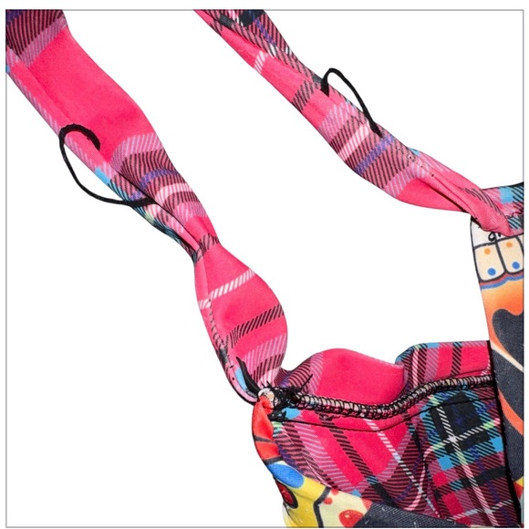 Sugar Skull Floral Swimsuit 4X Fits Like 2X One Piece Plaid Trim Halter Retro - Picture 6 of 8